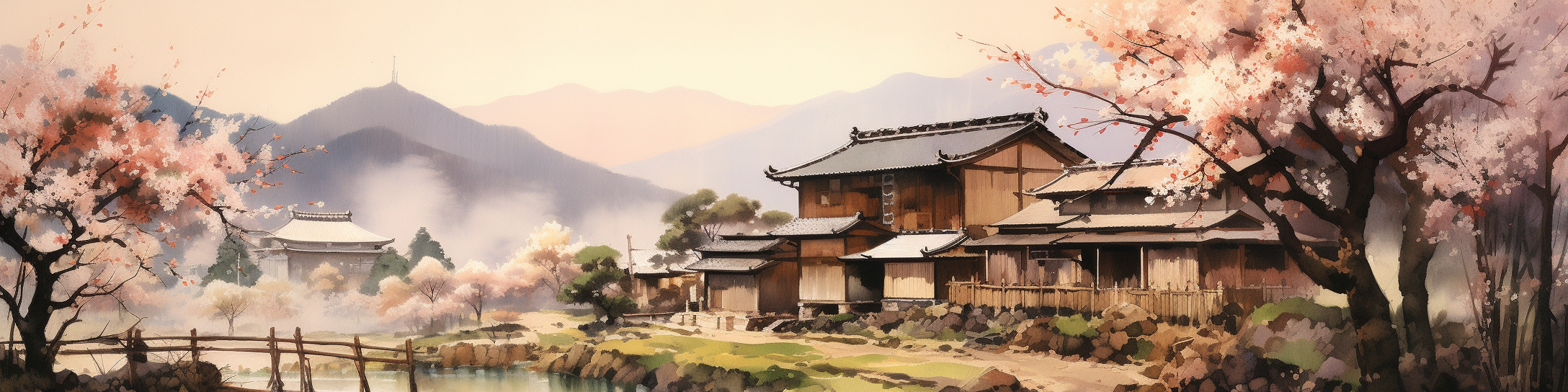 realistic watercolor Gansai of japan's countryside, rolling hills, cherry blossoms